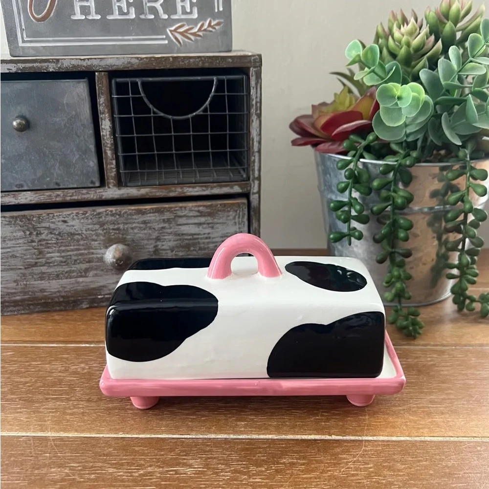 New Decorative Cow Print Ceramic Butter Dish - Picture 2 of 4